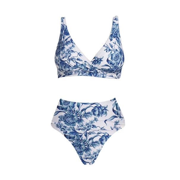 Blue Floral Two Piece Swimsuit Set For Women American Style Vacation Hot Selling_ecoleips.com