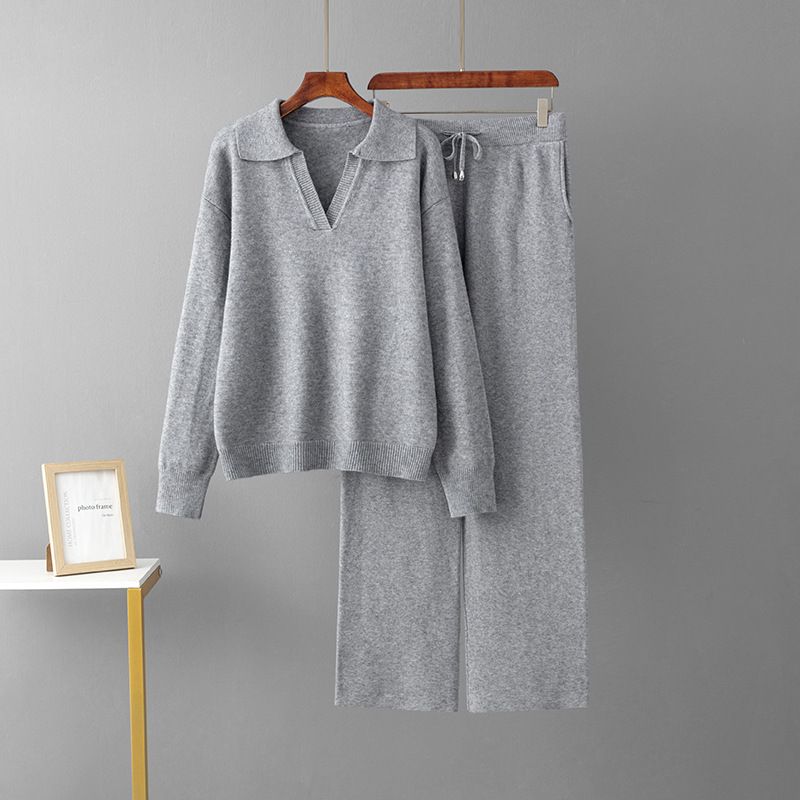 Women's Elegant Knitted Set European American Style Spring Autumn Loose Polo Collar Sweater Wide Leg Pants Two Piece Outfit_ecoleips.com