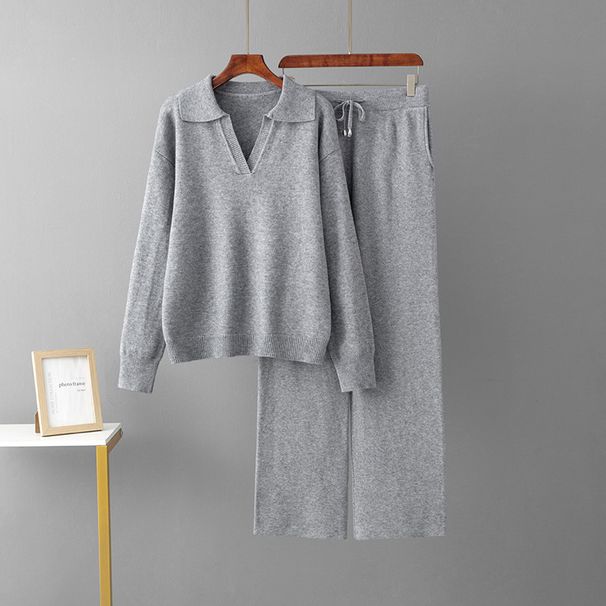 Women's Elegant Knitted Set European American Style Spring Autumn Loose Polo Collar Sweater Wide Leg Pants Two Piece Outfit_ecoleips.com