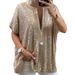 Women's Glitter V-Neck Blouse – Oversized Short-Sleeve Top With Sparkle Details, Elegant & Chic_ecoleips.com