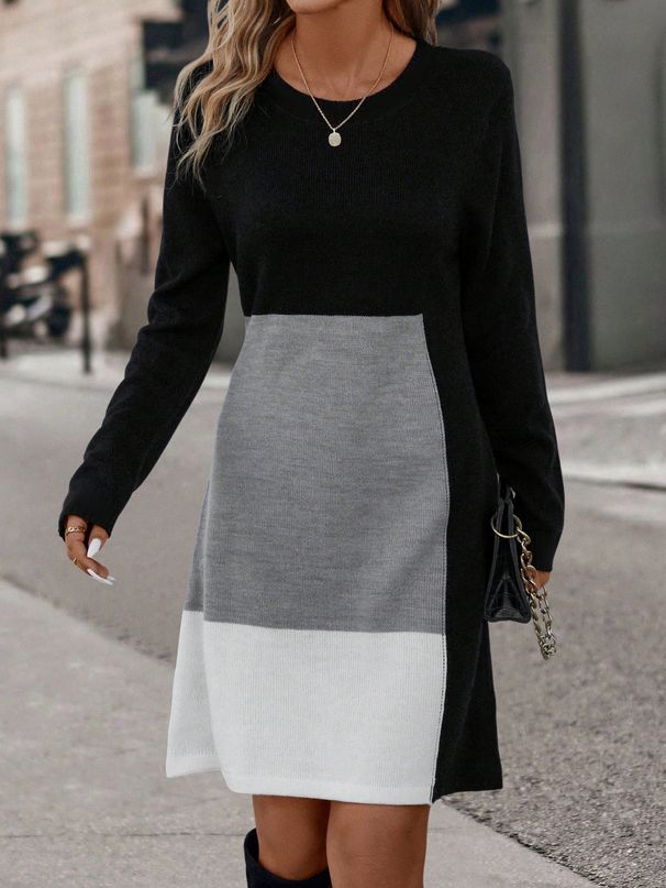 Women's Colorblock Round Neck Dress, Casual Long Sleeve Crew Neck Dress For Fall & Winter, Women's Clothing For Daily Wear_ecoleips.com