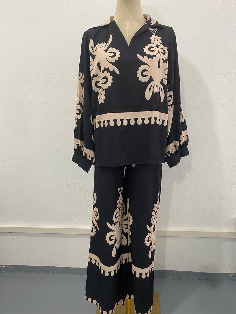 Women's Clothing Irregular Printed Long Sleeved Tops And Trousers Two Piece Set_ecoleips.com