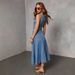 Vintage Women's Square Neck Sleeveless Denim Dress High Waist Belted A-Line Long Casual Summer Dress_ecoleips.com