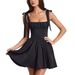 Women's Clothing Fashion Square Collar High Waist Pleated Splicing Bow Suspender Dress_ecoleips.com