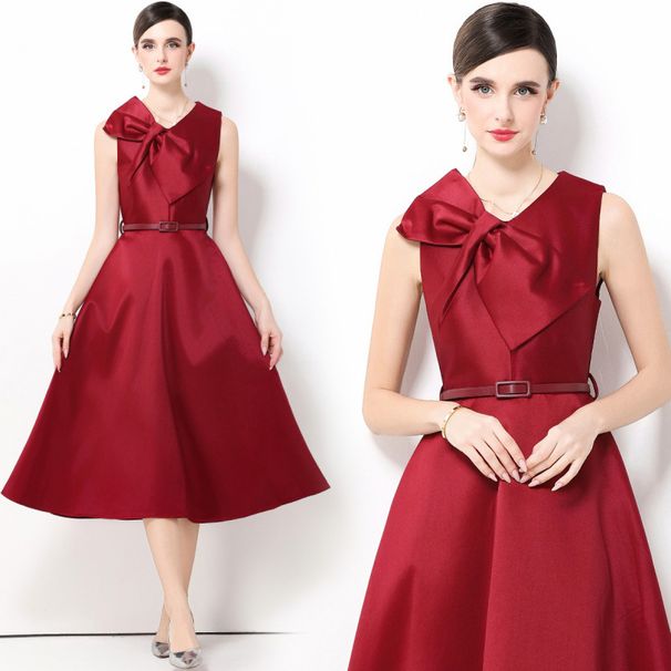 French Retro V-Neck Dress With Oversized Bow & Flared Skirt – Sleeveless High-Waist A-Line Dress (S-2XL)_ecoleips.com