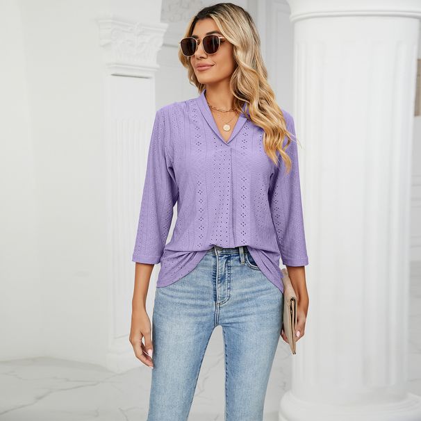 Women's Clothing Autumn New V Neck Jacquard Loose Top Mid Sleeve Lapel T Shirt_ecoleips.com