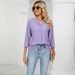 Women's Clothing Autumn New V Neck Jacquard Loose Top Mid Sleeve Lapel T Shirt_ecoleips.com