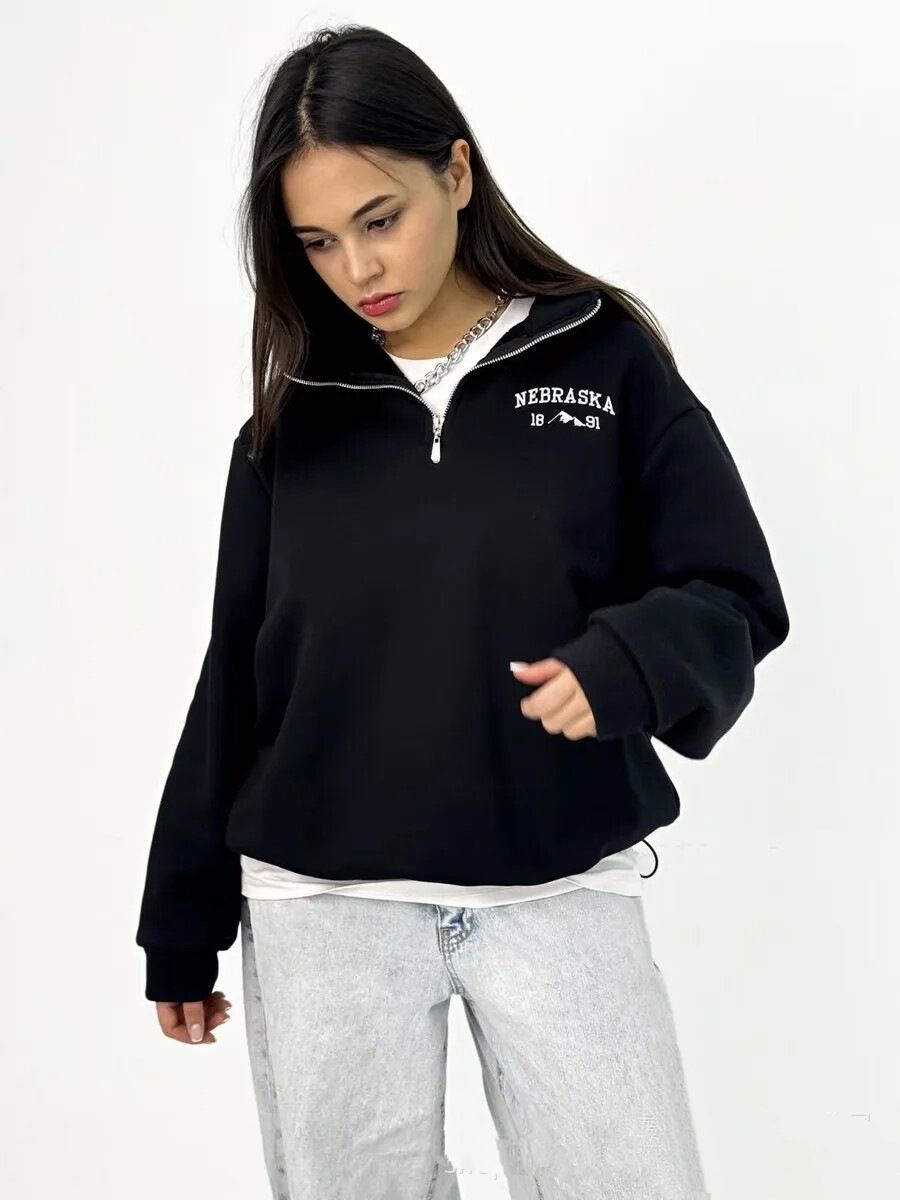 European And American Women's Clothing, Casual Semi-zipper Embroidered Loose Long-sleeved Sweater_ecoleips.com