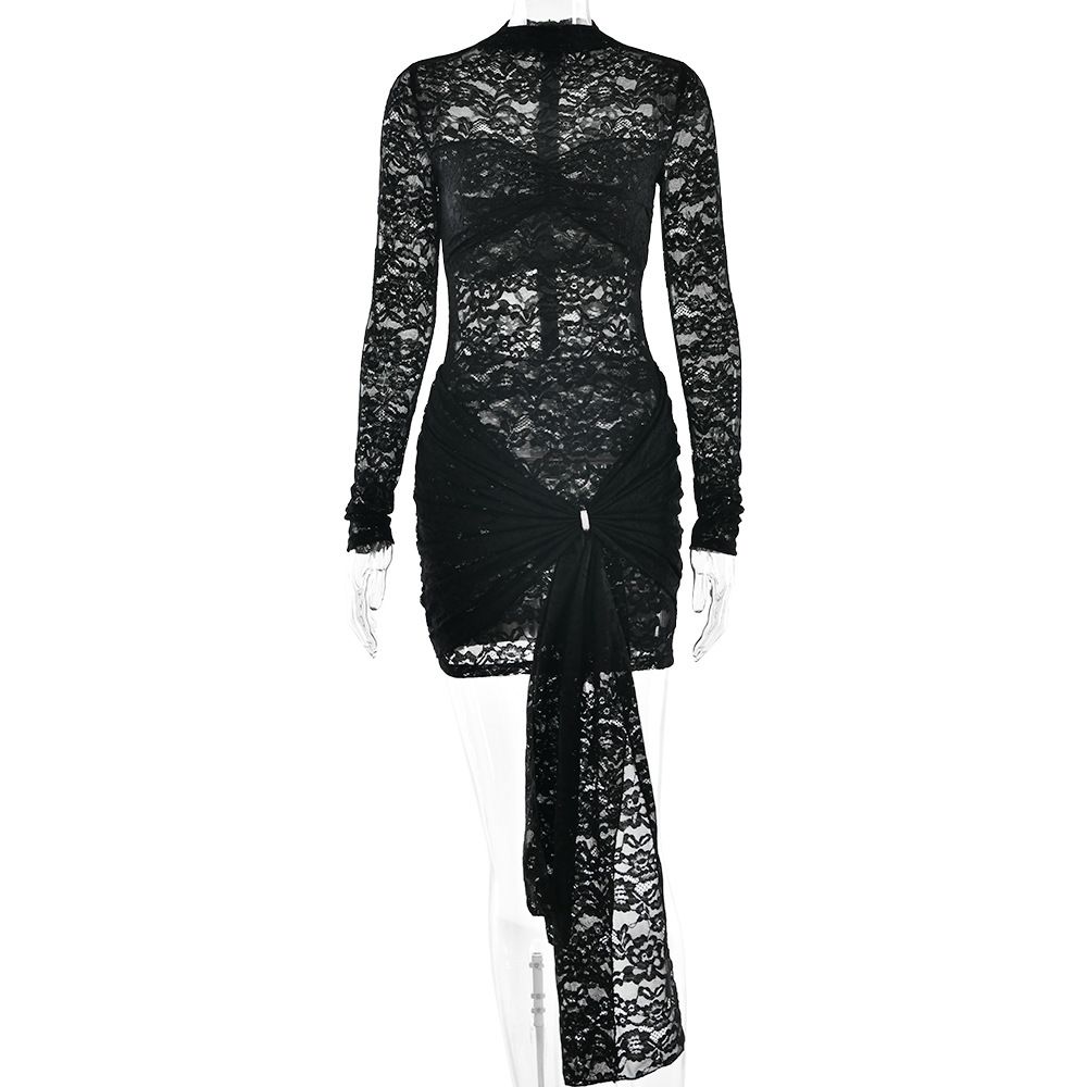 Women's Clothing Sexy Slim Lace Women's Dress New Long Sleeved See Through Hot Girl Tight Pleated Hip Skirt_ecoleips.com