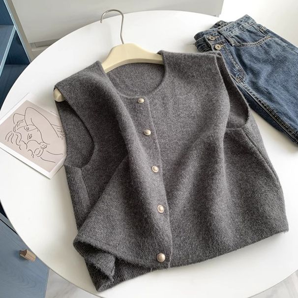 Gentle Single Breasted Small Gold Button Round Collar Slim Knitted Vest Vest For Women Korean Loose Waistcoat Top For Women_ecoleips.com