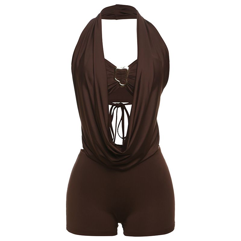 Sexy Deep V Neck Halter Backless Tie-Up Jumpsuit Romper Set For Women, Sleeveless Shorts Outfit Versatile & Breathable_ecoleips.com