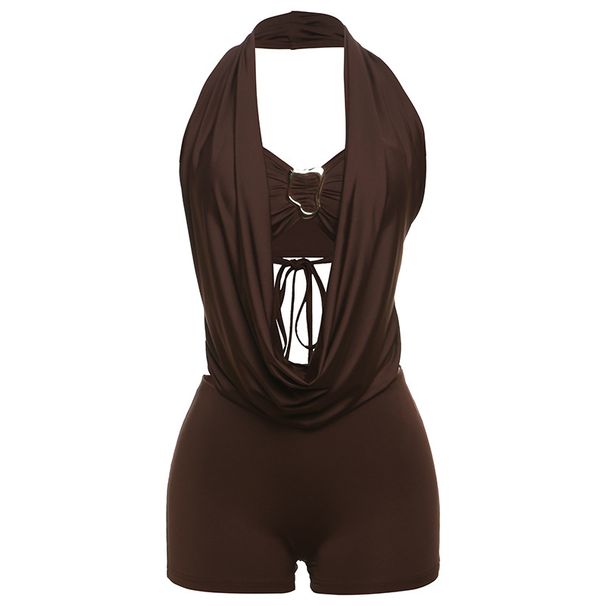 Sexy Deep V Neck Halter Backless Tie-Up Jumpsuit Romper Set For Women, Sleeveless Shorts Outfit Versatile & Breathable_ecoleips.com