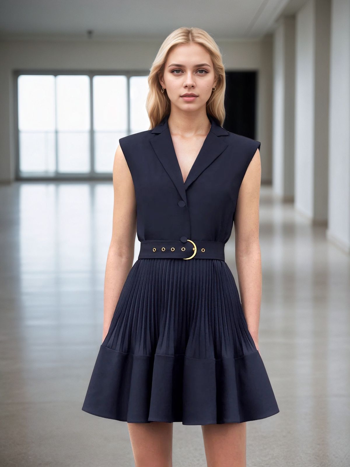 Verve Spring New Women's Fashion French Style Design Turn-down Collar Sleeveless Pleated Solid Color Short Dress_ecoleips.com