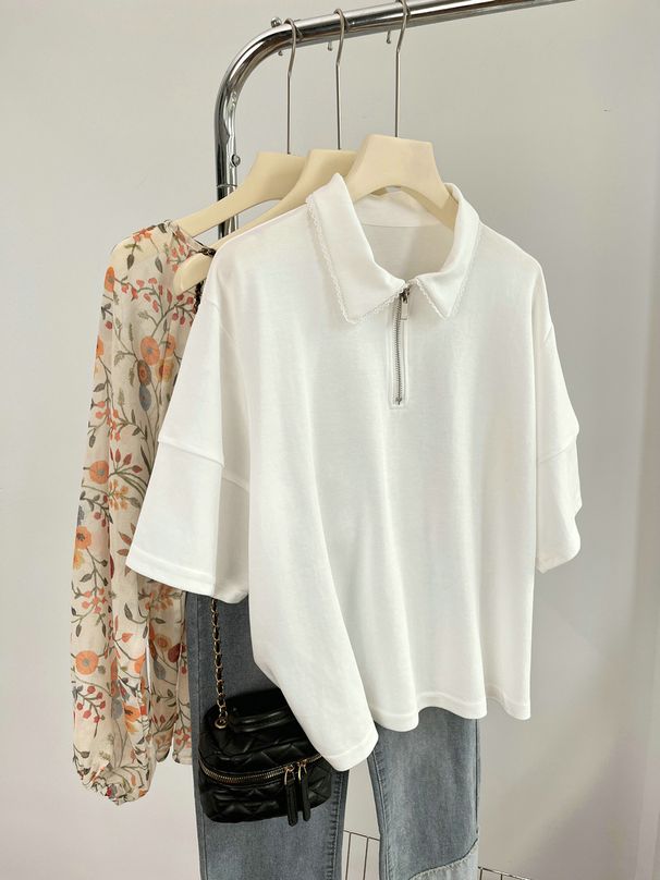 Women's Short Sleeve Top With Peter Pan Collar Color Block Half Zip Cropped Fit Fashion Tee_ecoleips.com
