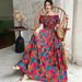 Women's Cotton Floral Off-Shoulder Long Dress Elastic Waist Summer Ethnic Style Bohemian Beach Dress_ecoleips.com