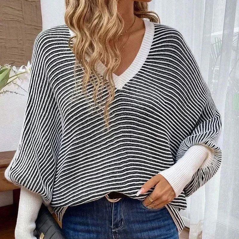 Women's Clothing Oversized V-Neck Batwing Sleeve Striped Knit Sweater - Soft Acrylic Blend, Casual Loose Fit Pullover, Trendy Office & Streetwear_ecoleips.com
