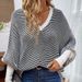 Women's Clothing Oversized V-Neck Batwing Sleeve Striped Knit Sweater - Soft Acrylic Blend, Casual Loose Fit Pullover, Trendy Office & Streetwear_ecoleips.com