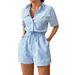 Women's Clothing Striped Button Front Placket Casual Short Sleeved Waist Jumpsuit_ecoleips.com