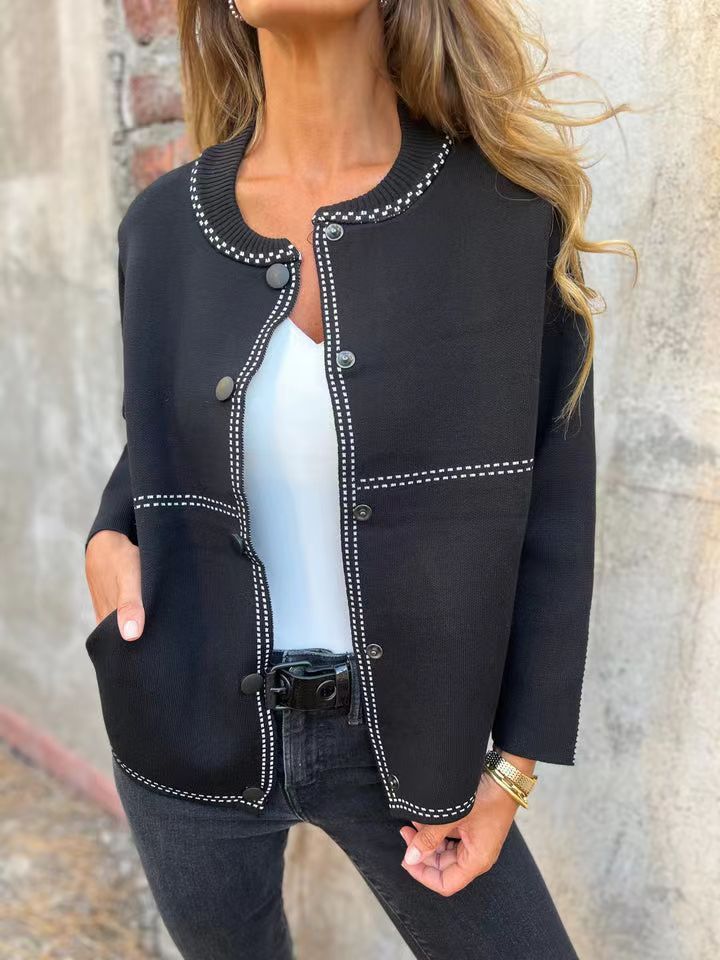 Autumn/Winter Striped Loose-Fitting Round-Neck Buttoned Long-Sleeved Versatile Sweater Jacket_ecoleips.com