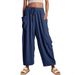 Women's Linen-Blend Elastic Waist Wide-Leg Pants - Crinkle Texture Mid-Rise Straight Leg Cropped Trousers_ecoleips.com