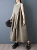 Khaki Vintage Patchwork Sleeveless Summer New Dresses For Woman Korean Fashion Loose Casual Long Dress Elegant Clothing 2026_ecoleips.com