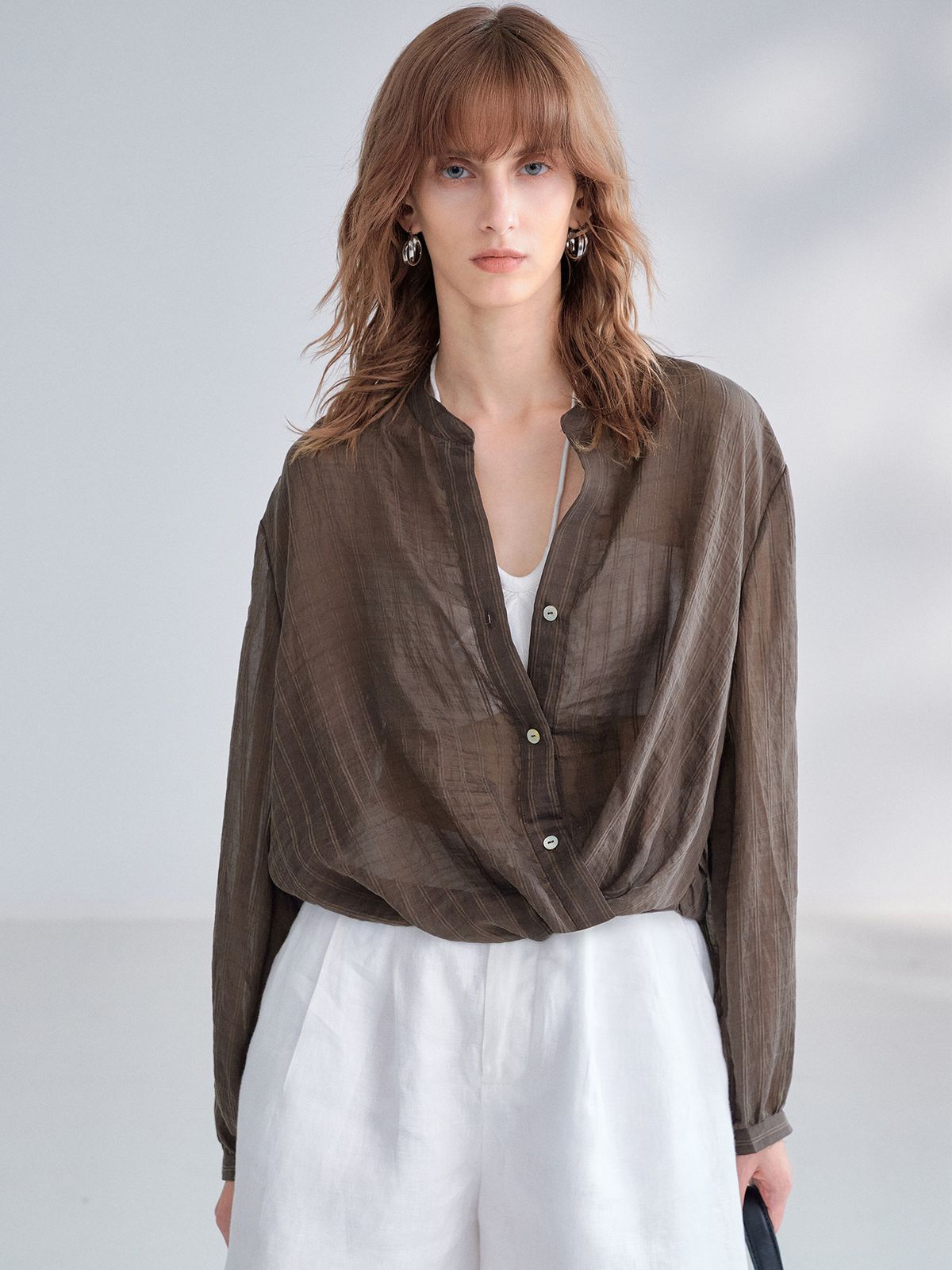 Women's Elegant Lightweight Silk Shirt Stand Collar Long Sleeve Striped Knot Top Sun Protection Summer Commuter Wear_ecoleips.com