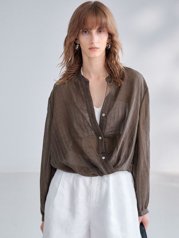 Women's Elegant Lightweight Silk Shirt Stand Collar Long Sleeve Striped Knot Top Sun Protection Summer Commuter Wear_ecoleips.com