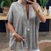 Women's Glitter V-Neck Blouse – Oversized Short-Sleeve Top With Sparkle Details, Elegant & Chic_ecoleips.com