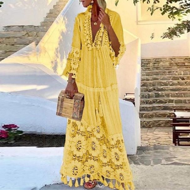 Women's Clothing Spring Bohemian Style New Lace Tassel Splicing Beach Vacation Temperament Long Dress_ecoleips.com