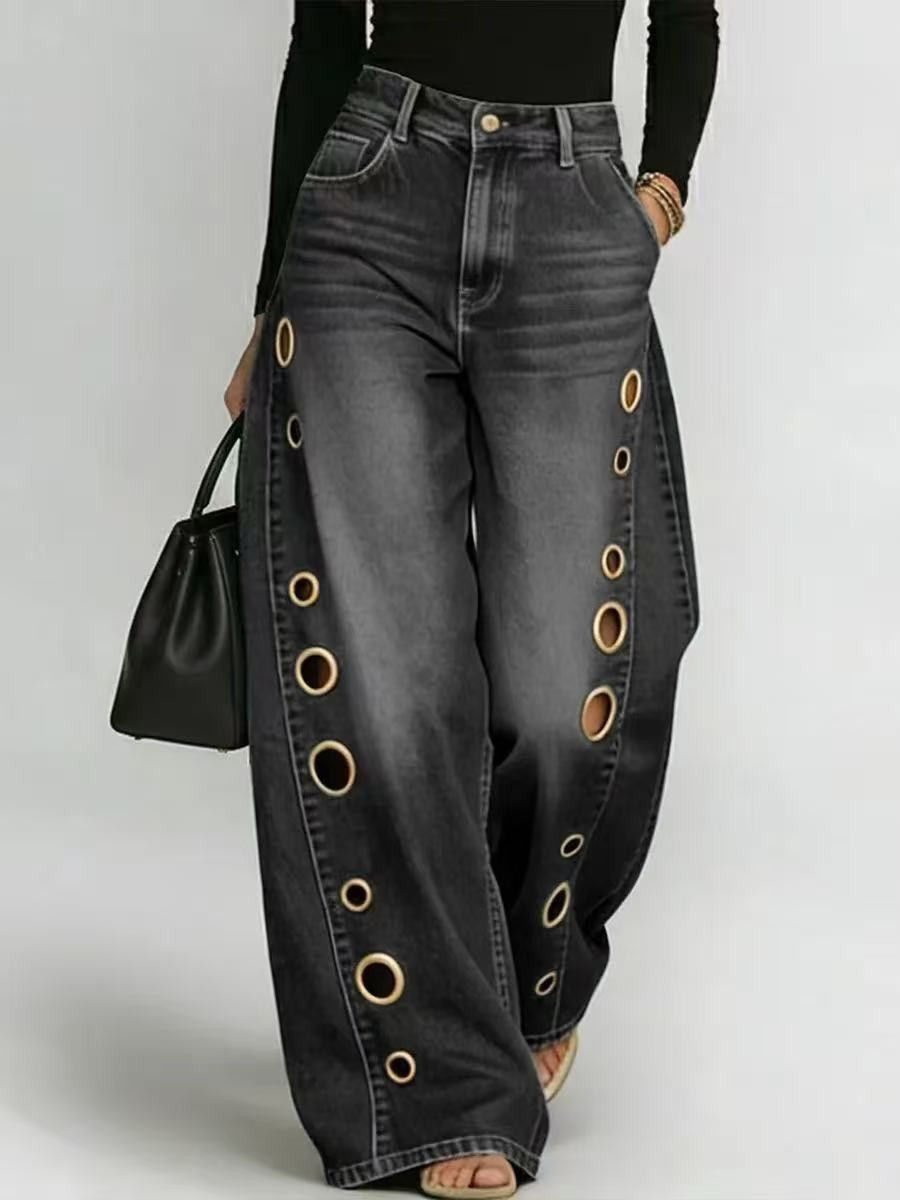 High Waisted Wide Leg Jeans for Women Washed Unique Style with Metal Perforations Summer Export Stock Cross Border Trade_ecoleips.com