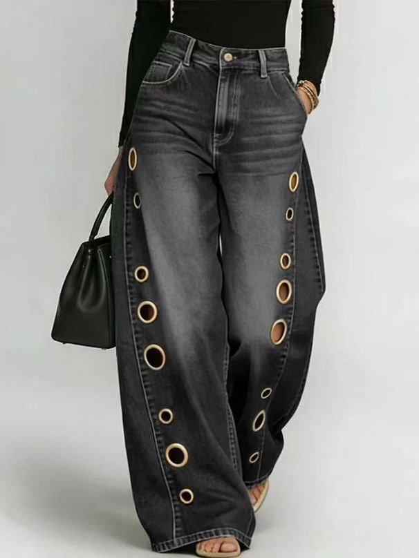 High Waisted Wide Leg Jeans for Women Washed Unique Style with Metal Perforations Summer Export Stock Cross Border Trade_ecoleips.com