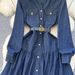 Elegant High-Waisted Denim Dress For Women - Fall A-Line Midi Dress With Belt & Polo Collar_ecoleips.com