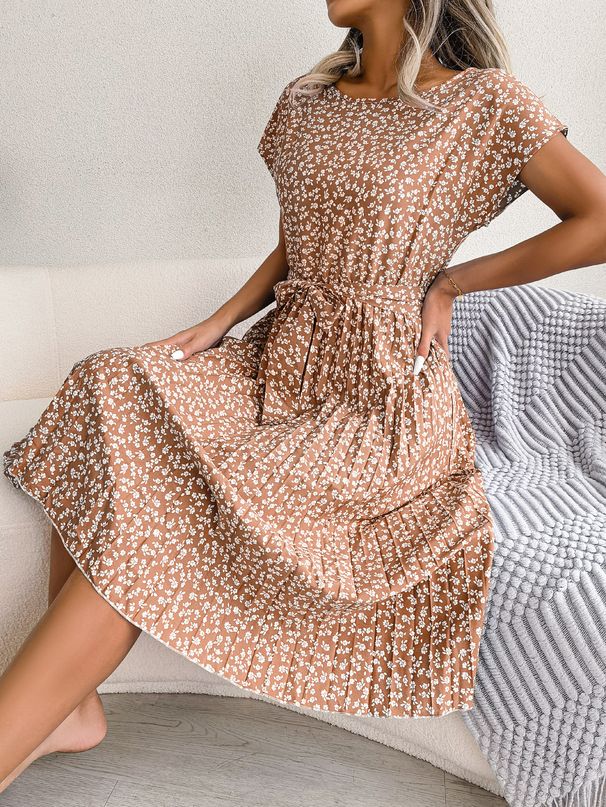 Women's Clothing Real Shot In Style Spring And Summer New Casual Short Sleeve Floral Hem Pleated Skirt_ecoleips.com