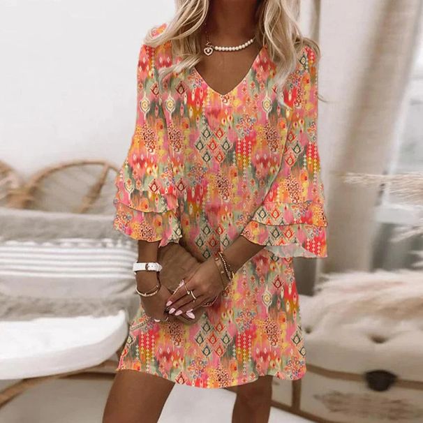 Women's V Neck 3D Print Dress American Style Loose Fashion Short Skirt For Beach Vacation Summer New_ecoleips.com