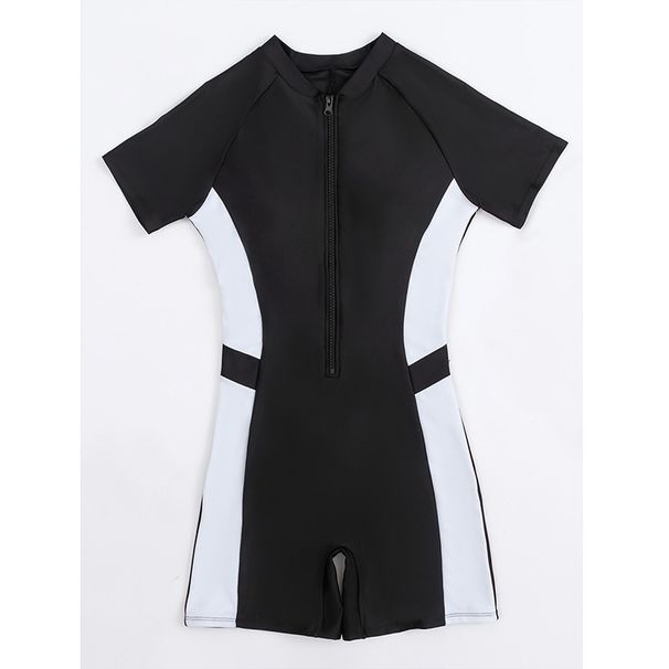 Women's Black And White Competitive Sports Swimsuit Short Sleeved Zippered Boxer Shorts Tight Surfing Swimming Wear_ecoleips.com