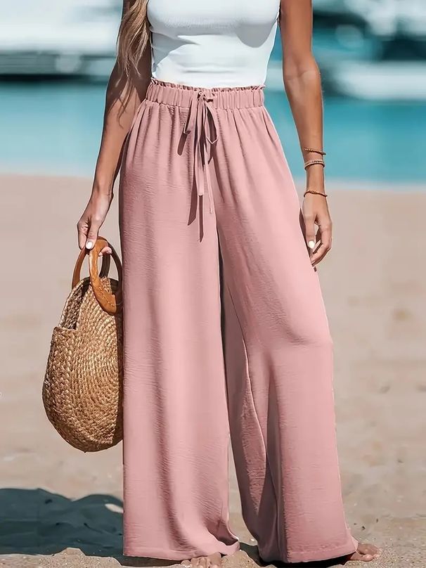 Women's Wide Leg Pants Flowy Casual Trousers Polyester Comfortable Long Pants For Women - S/M/L/XL/XXL (Black, Beige, Pink, Army Green, Navy, Gray)_ecoleips.com