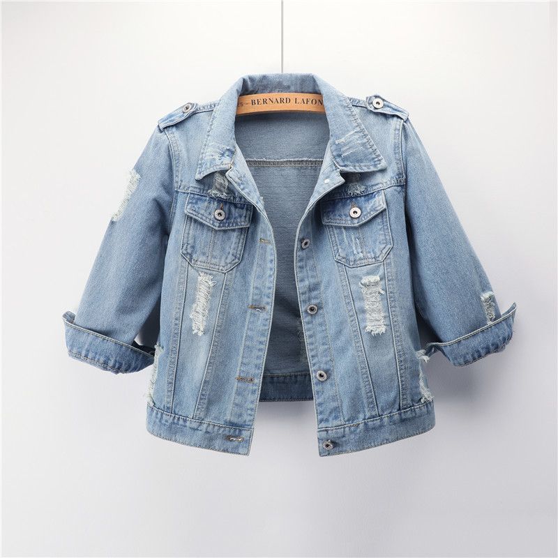 Women's Clothing Denim Jacket Short Slim Fit Trendy Versatile Three Quarter Sleeves Spring And Autumn Denim Jacket Long Sleeve Top_ecoleips.com