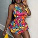 Daisy Print Halter Neck Deep V Two Piece Swimsuit European American Style Vest Pleated Skirt Set_ecoleips.com
