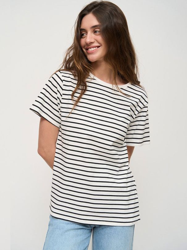 Women's Elegant Black White Striped T-Shirt European American Style round Neck Short Sleeve Breathable Polyester Commuting Top_ecoleips.com