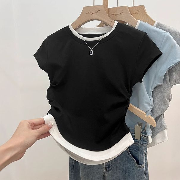 Black Slimming Summer Pleated Slim Crew Neck T-Shirt, Color-Block Faux Two-Piece Modal Short-Sleeve Top For Women_ecoleips.com