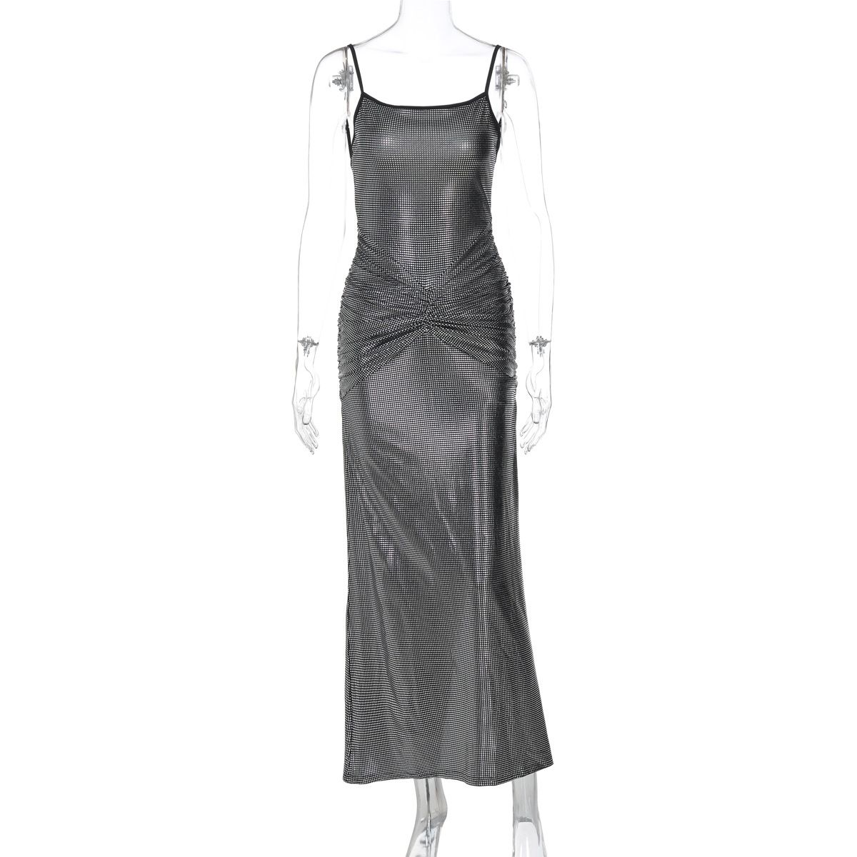 Sexy Backless Gold Foil Ruched Bodycon Dress For Women - Sleeveless High Waist Slit Summer Dress_ecoleips.com