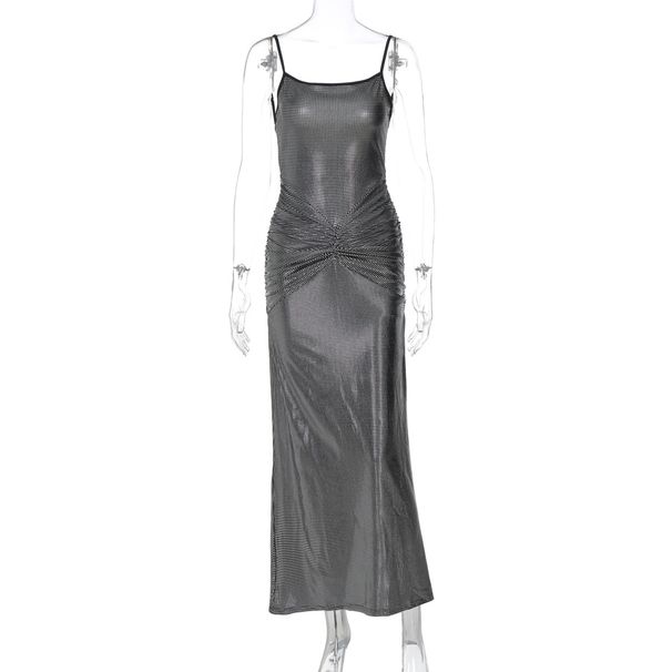 Sexy Backless Gold Foil Ruched Bodycon Dress For Women - Sleeveless High Waist Slit Summer Dress_ecoleips.com