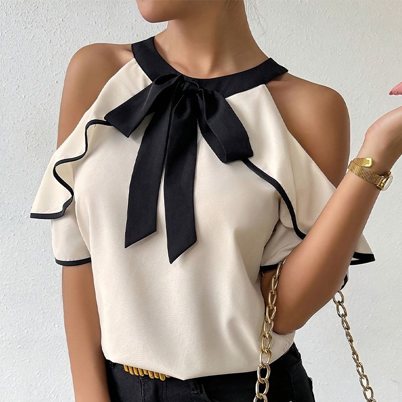 Women's Double Layer Short Sleeve Shirt Bow Tie Collar Pullover Casual Elegant Fashion Spring/Autumn Summer Thin Polyester_ecoleips.com