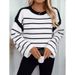 Autumn And Winter Round Neck Loose Black And White Striped Pullover Long Sleeve Off-Shoulder Knitted Sweater For Women_ecoleips.com
