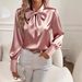 Women's Clothing Long Sleeve Satin Shirt Casual Versatile Bow Detail Top Solid Color New Autumn_ecoleips.com