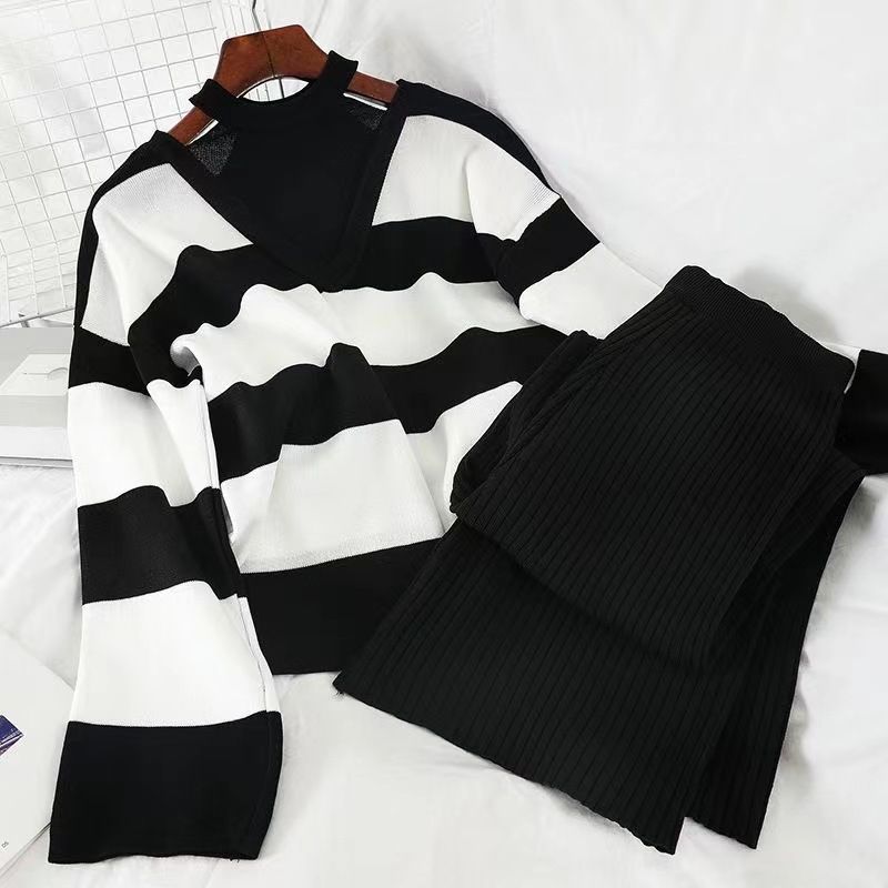 Women's Halter Neck Knit Top & High Waisted Wide Leg Pants Set – Elegant Two Piece Outfit For Spring Autumn (Black/Khaki, One Size)_ecoleips.com