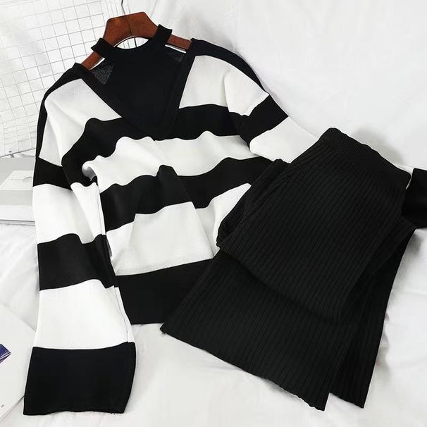 Women's Halter Neck Knit Top & High Waisted Wide Leg Pants Set – Elegant Two Piece Outfit For Spring Autumn (Black/Khaki, One Size)_ecoleips.com