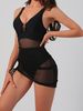 Black Mesh One-Piece Swimsuit With Skirt 2 Piece Set Women V Neck Gold Buckle Tummy Control Bathing Suit Summer Beachwear_ecoleips.com