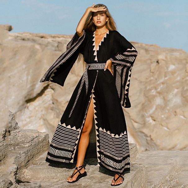 Women's Printed Cotton-Like Cover-Up Kimono – Lightweight Beach Sunshade Wrap For Swimsuits, Bikini, Vacation & Pool Party_ecoleips.com