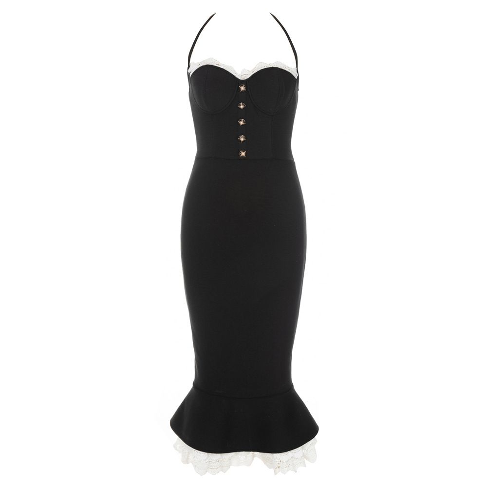 Women's bandage skirt simple sexy suspender stitching lace button fishtail slim dress_ecoleips.com